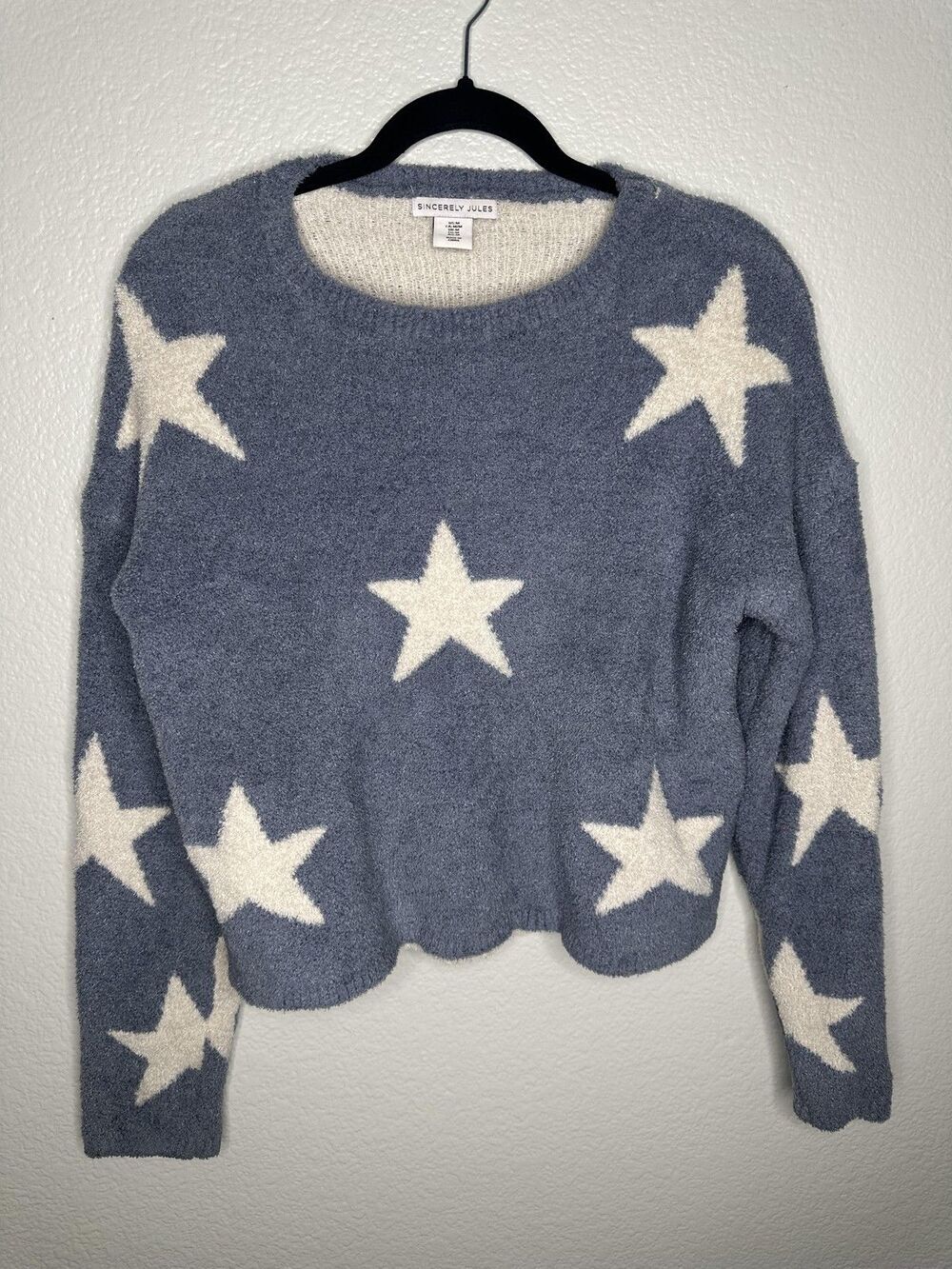 Sincerely Jules Sweater Womens Medium Blue White Star Print Fuzzy Knit Pullover